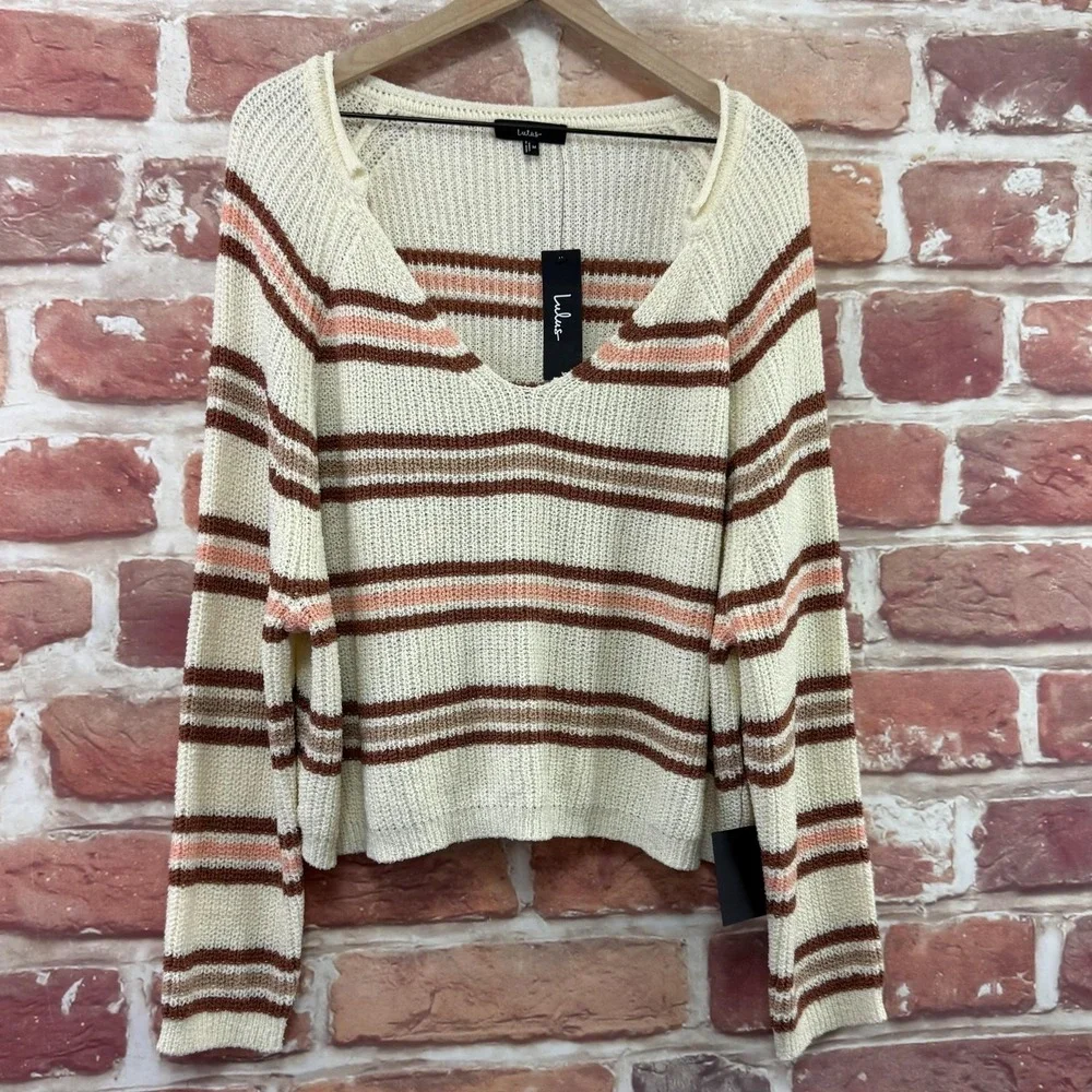 Lulus Sweater Women's M Cream Multicolor Striped Cropped Casual Knit Popover